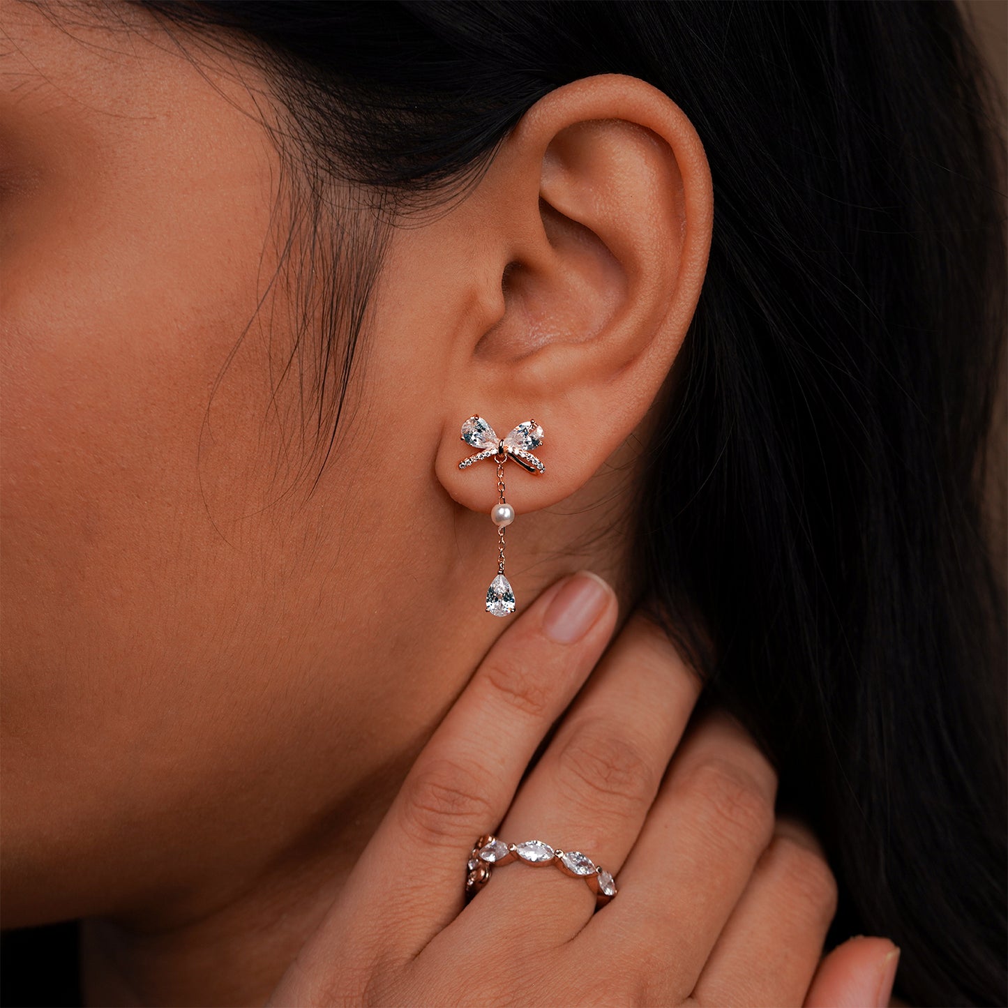 Graceful Bow & Pearl Drop Diamond Earrings