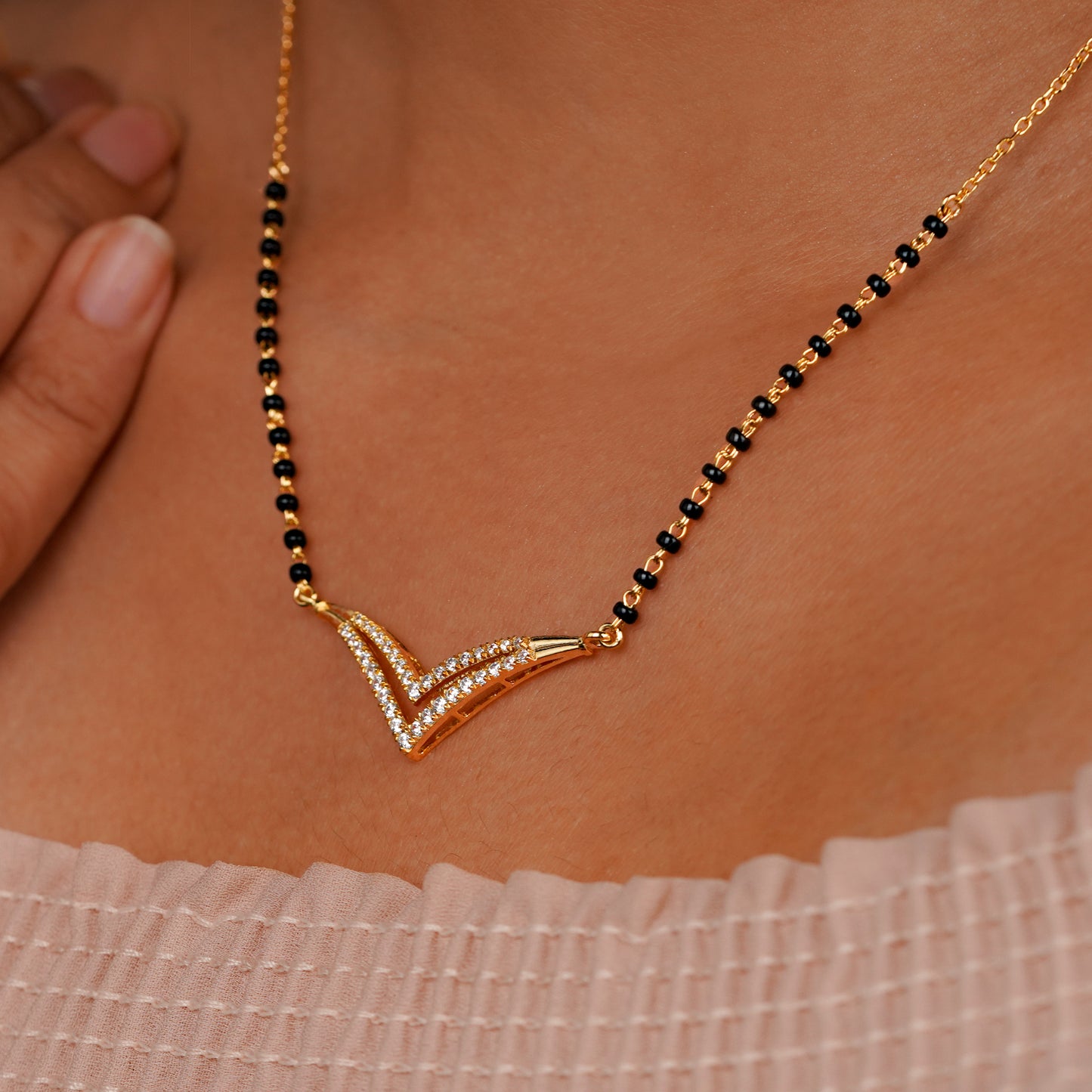 Elegant V Curve Silver Diamond Mangalsutra