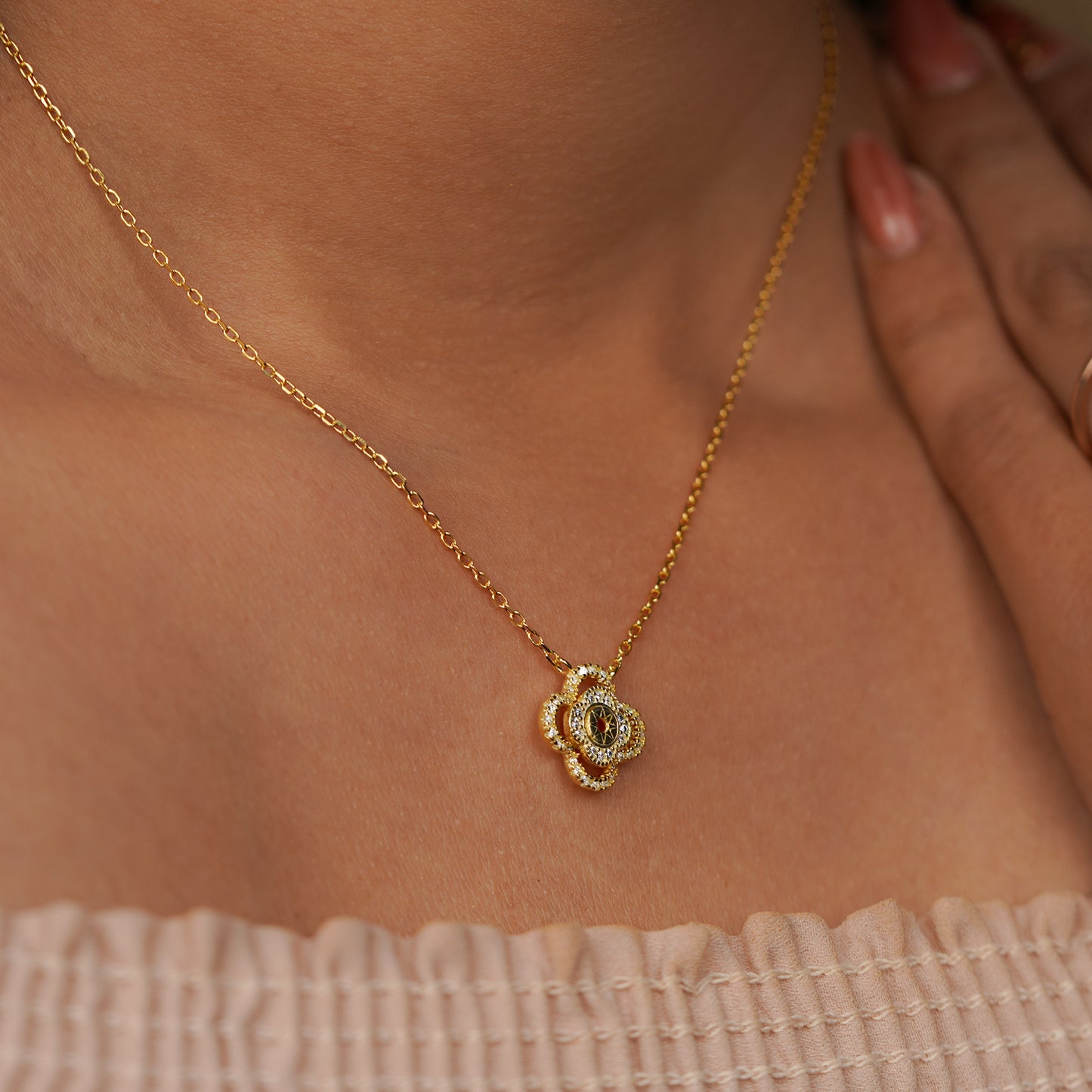 Golden Blossom Clover Pendant Necklace