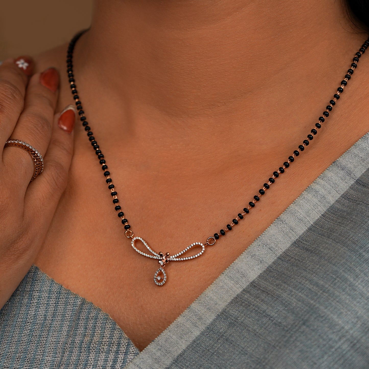 Diamond Bow Drop Mangalsutra Necklace