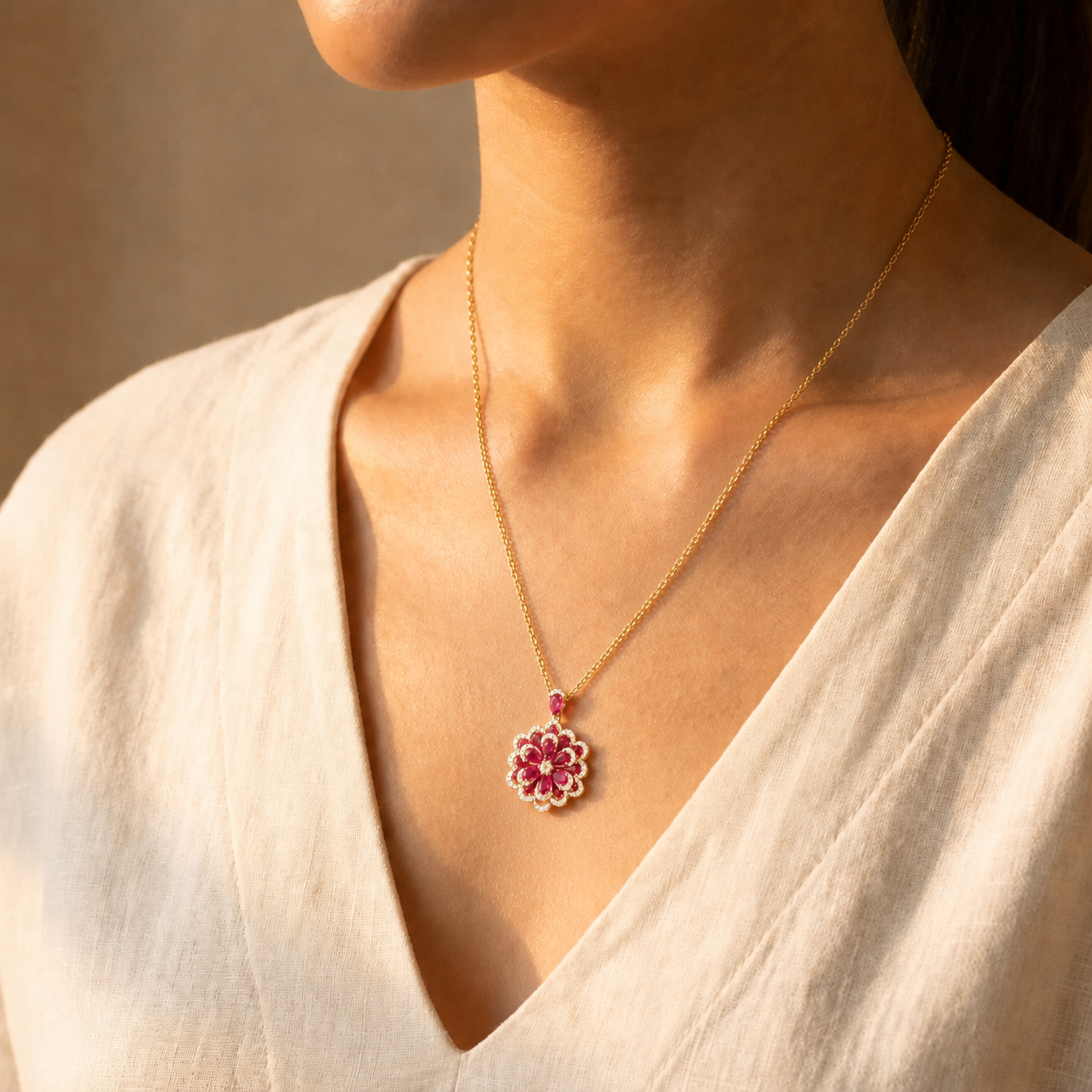 Ruby Bloom Floral 925 Sterling Silver Necklace Set