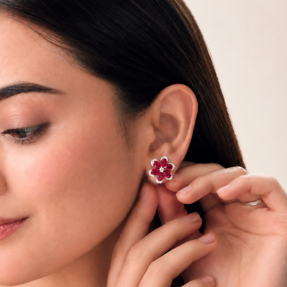 Ruby Bloom Floral 925 Sterling Silver Necklace Set