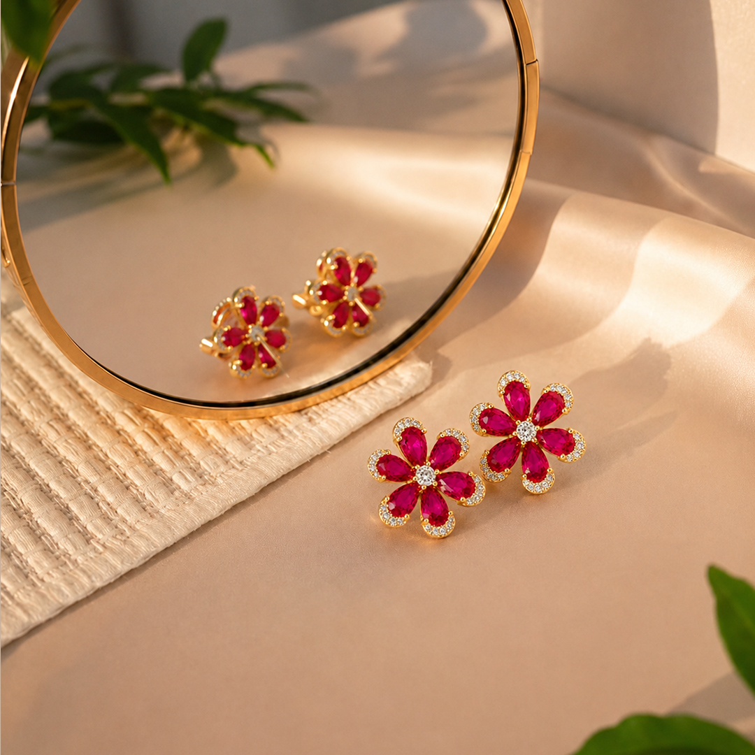 Ruby Bloom Floral 925 Silver Earrings