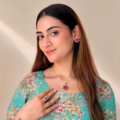 Ruby Bloom Floral 925 Sterling Silver Necklace Set