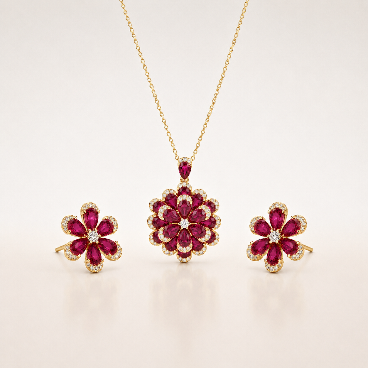 Ruby Bloom Floral 925 Sterling Silver Necklace Set