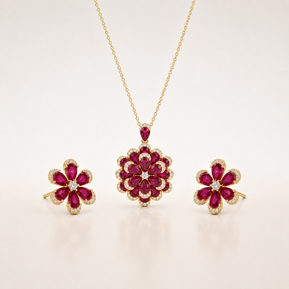 Ruby Bloom Floral 925 Sterling Silver Necklace Set