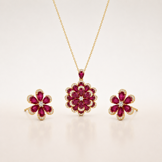 Ruby Bloom Floral 925 Sterling Silver Necklace Set