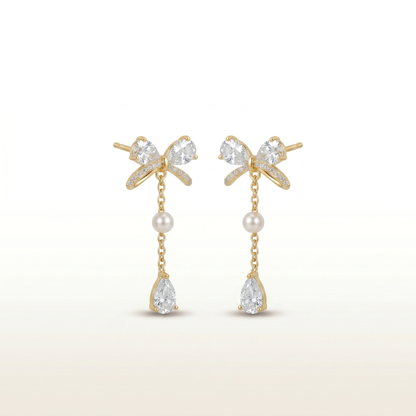 Graceful Bow & Pearl Drop Diamond Earrings