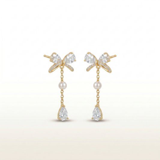 Graceful Bow & Pearl Drop Diamond Earrings