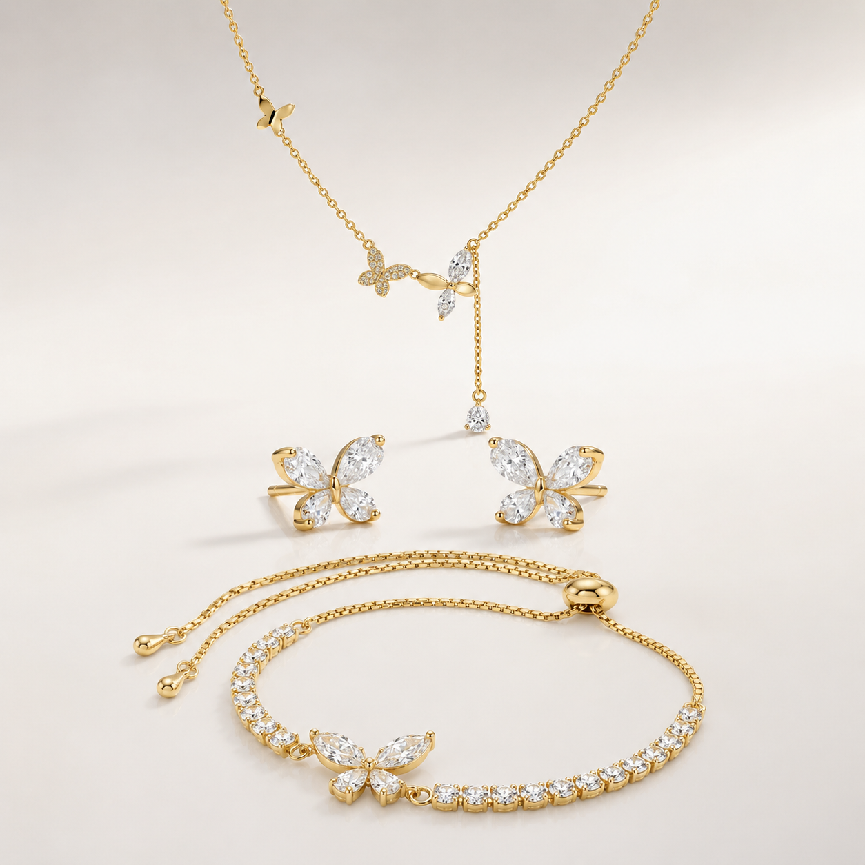 Crystal Butterfly Necklace, Earrings & Bracelet Set