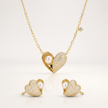 Pearl Heart Necklace & Earrings Set