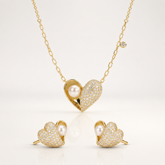 Pearl Heart Necklace & Earrings Set