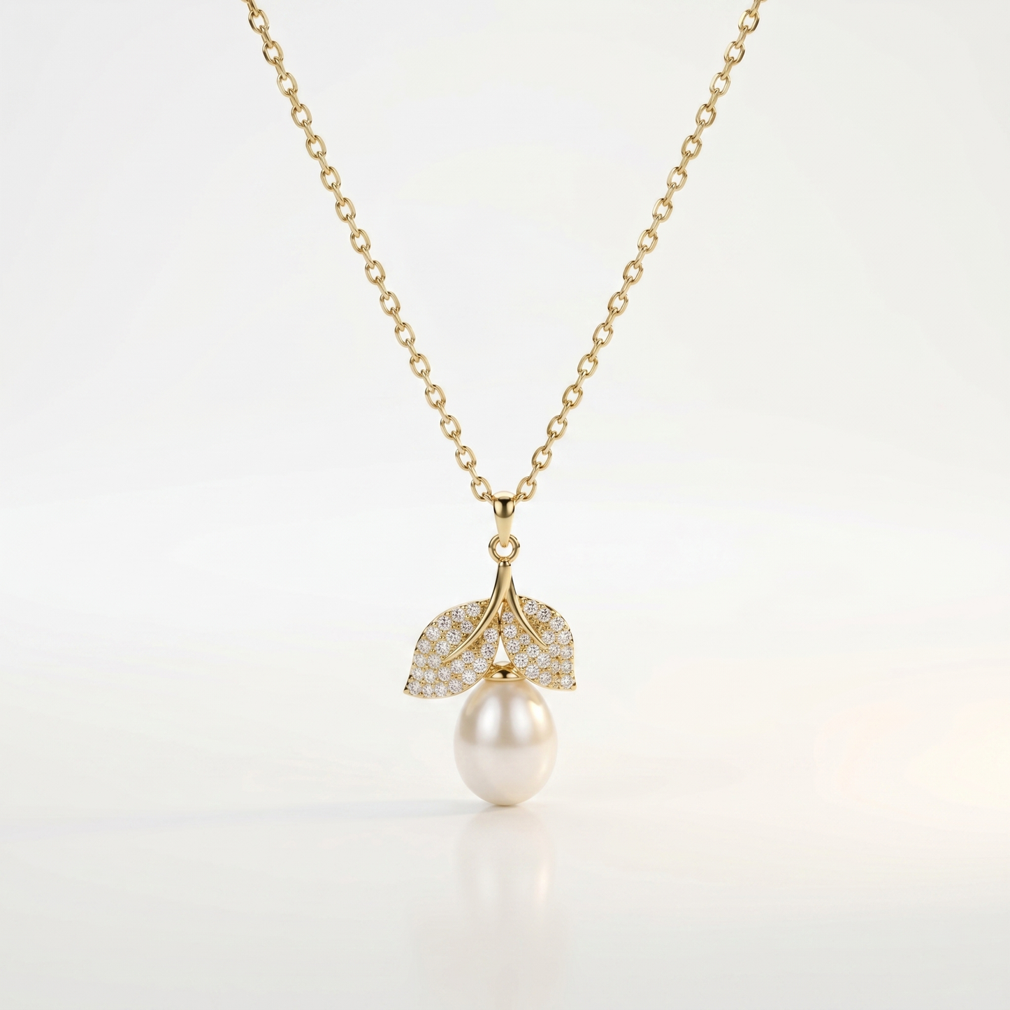 Elegance LeafDrop Pearl Diamond Pendant Necklace