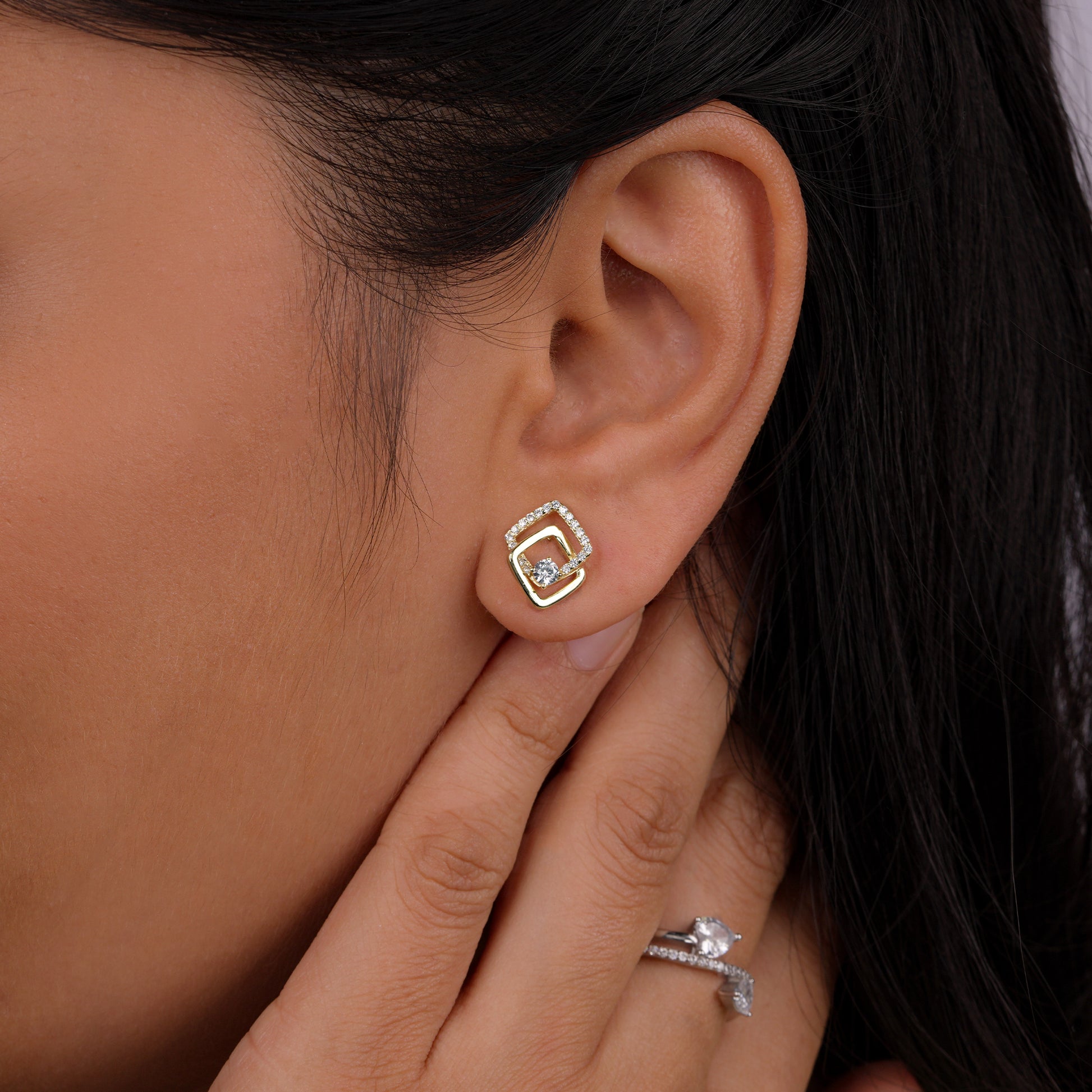 Buy Golden Dual Square CZ Studs in india