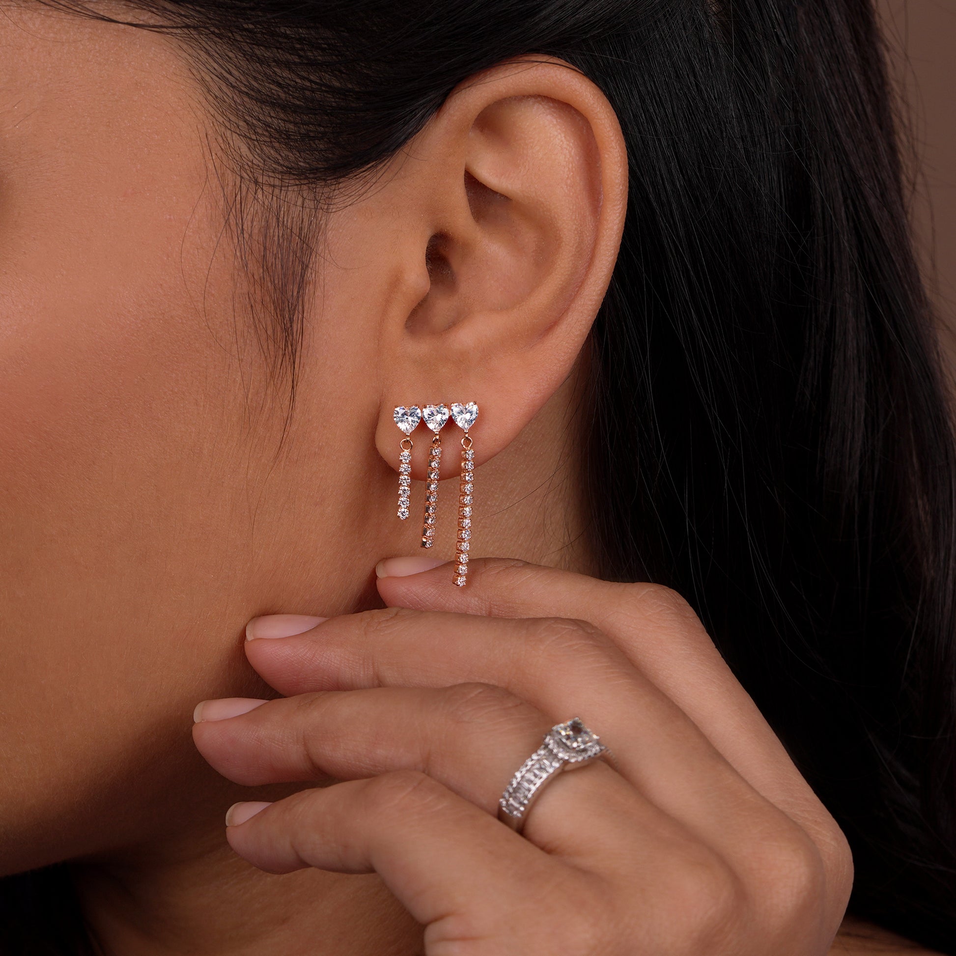 Rose rhodium Celestial Cascade Triple-Chain Stud Earrings
