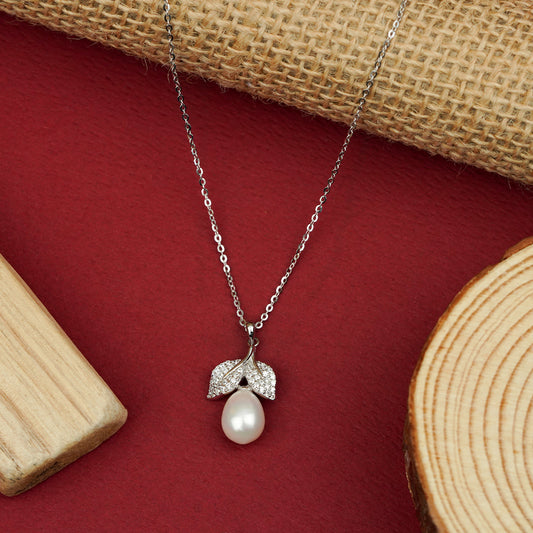 Elegance LeafDrop Pearl Diamond Pendant Necklace