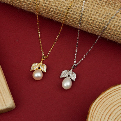 Elegance LeafDrop Pearl Diamond Pendant Necklace
