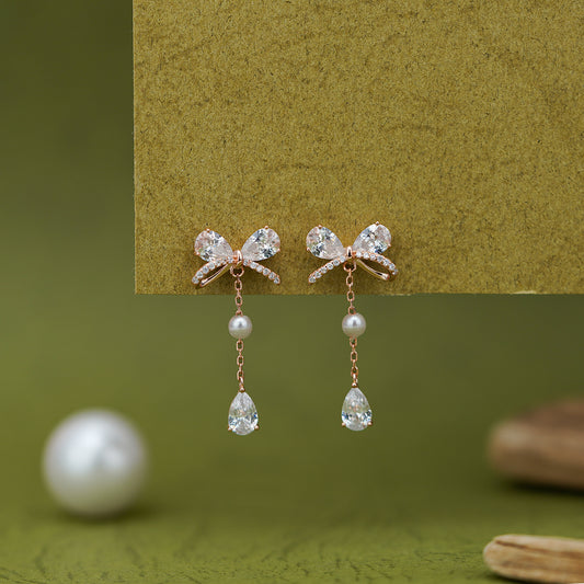 Graceful Bow & Pearl Drop Diamond Earrings
