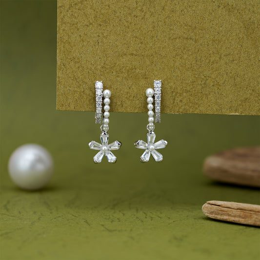 Crystal Bloom Pearl Drop Earrings