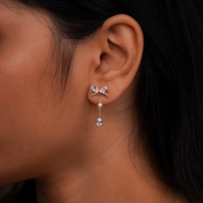Graceful Bow & Pearl Drop Diamond Earrings