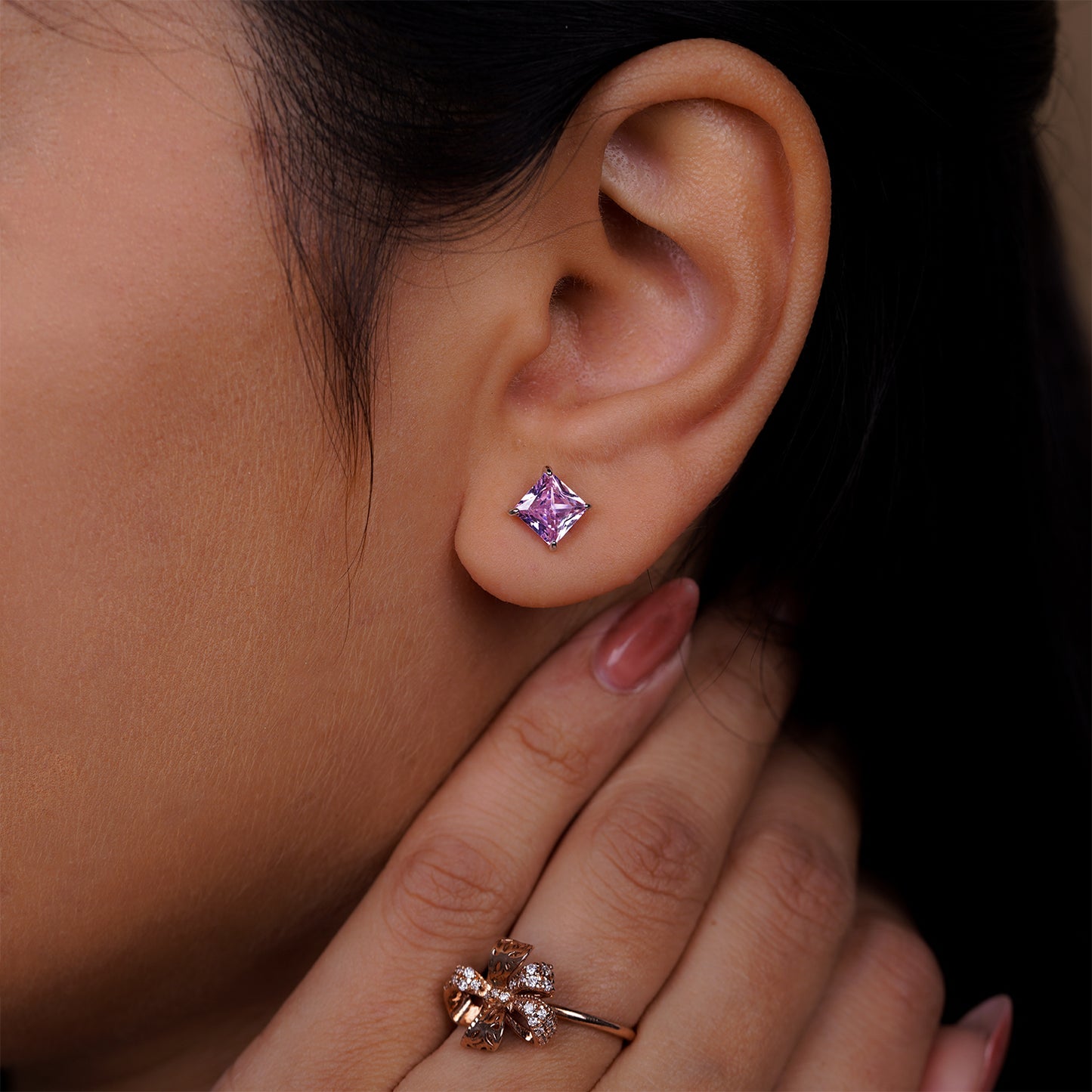 Blush Radiance Princess-Cut Pink Stone Stud Earrings