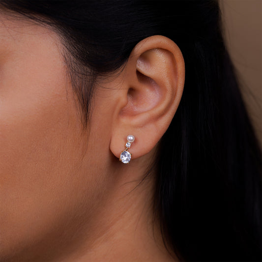 Elegant Pearl & Crystal Duo Drop Stud Earrings