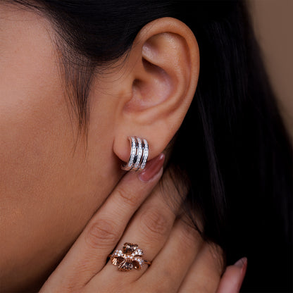Luxe Triple-Band Sparkle Hoop Stud Earrings