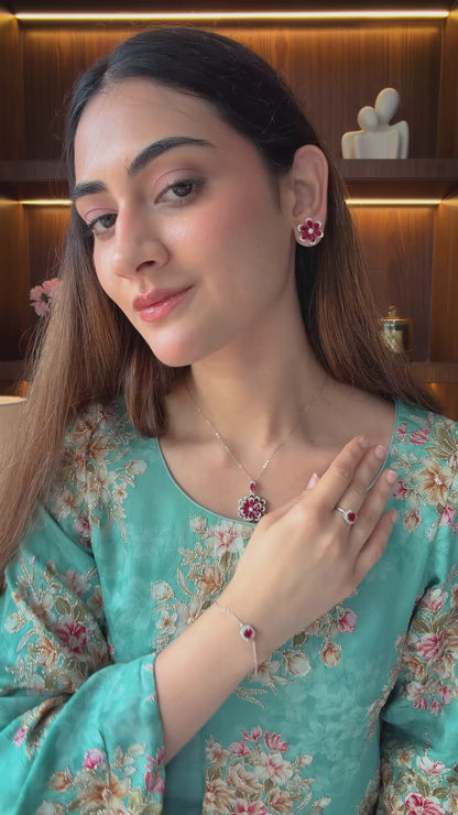 Ruby Bloom Floral 925 Sterling Silver Necklace Set
