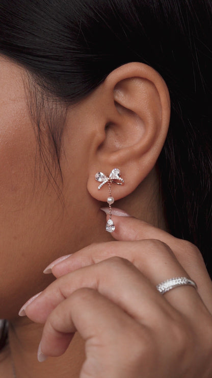 Graceful Bow & Pearl Drop Diamond Earrings
